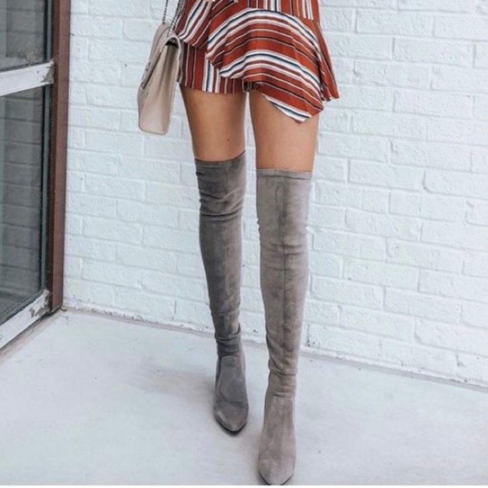 Thigh high grey stiletto boots